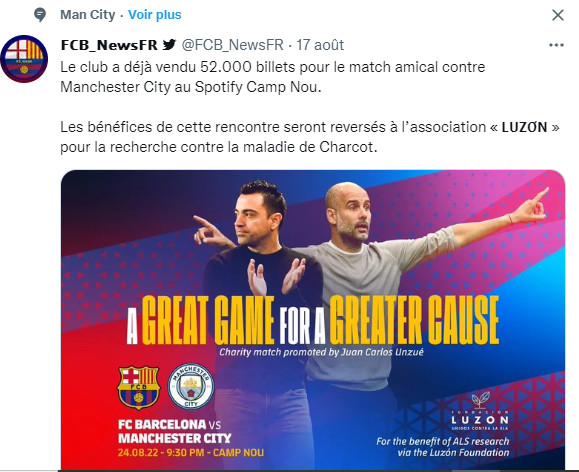 Le Barça et le Man. City en mission humanitaire :  Xavi  contre Gaudriola mercredi prochain au Camp Nou Le Barça et le Man. City en mission humanitaire :  Xavi  contre Gaudriola mercredi prochain au Camp Nou