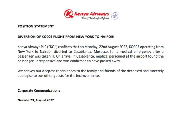 Un avion de Kenya Airways atterrit au Maroc suite au décès d'un passager Un avion de Kenya Airways atterrit au Maroc suite au décès d'un passager
