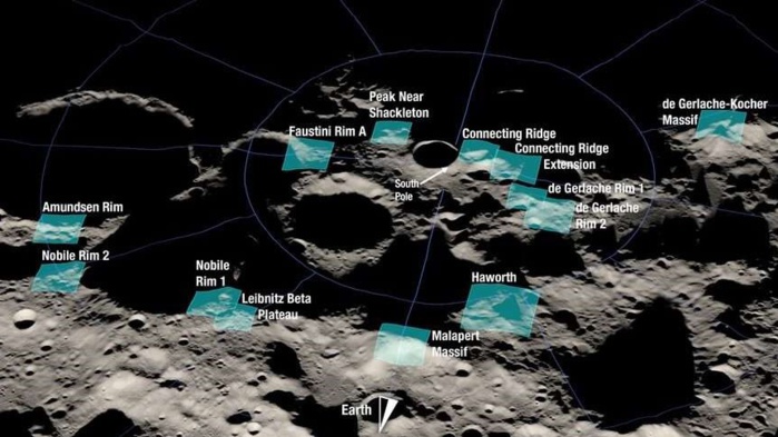 Carte des sites potentiels choisis par la Nasa pour poser Artemis III.