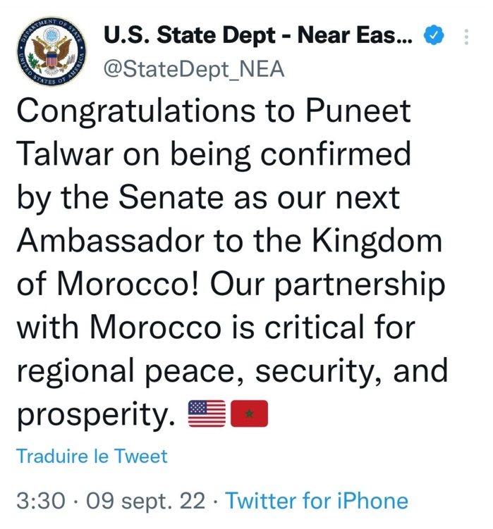 Le Sénat valide Puneet Talwa comme ambassadeur des Etats-Unis au Maroc