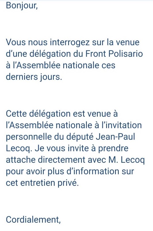 Accueil de la délégation du polisario en France : Réaction de l’Assemblée nationale (exclusif)