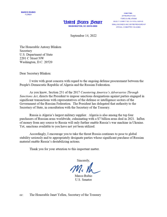 Le Sénateur américain Marco Rubio appelle à imposer des sanctions contre l'Algérie Le Sénateur américain Marco Rubio appelle à imposer des sanctions contre l'Algérie