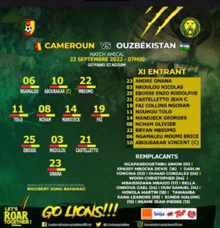 Matches préparatoires au Mondial : Le Cameroun surpris, ce vendredi matin, par l'Ouzbékistan en attendant la Corée du Sud Matches préparatoires au Mondial : Le Cameroun surpris, ce vendredi matin, par l'Ouzbékistan en attendant la Corée du Sud