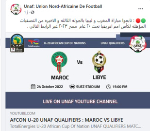 UNAF - Qualification à la CAN U20: Aujord'hui à 14h00, Maroc-Libye pour une qualification à la CAN 