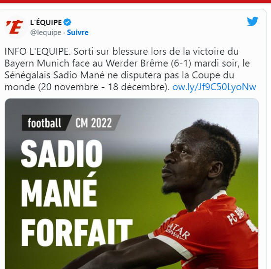 Coupe du monde : Mané forfait pour le Mondial ! Coupe du monde : Mané forfait pour le Mondial !