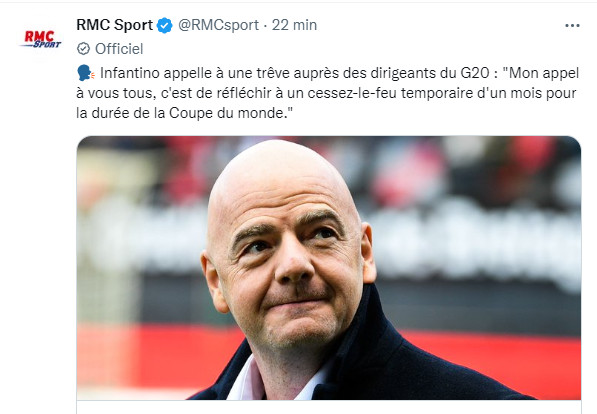 Coupe du monde / Guerre en Ukraine : Infantino appelle à une trêve pendant le Mondial