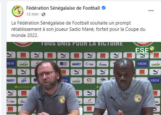 Mondial 2022 : La Fédération sénégalaise officialise l’absence de Sadio Mané
