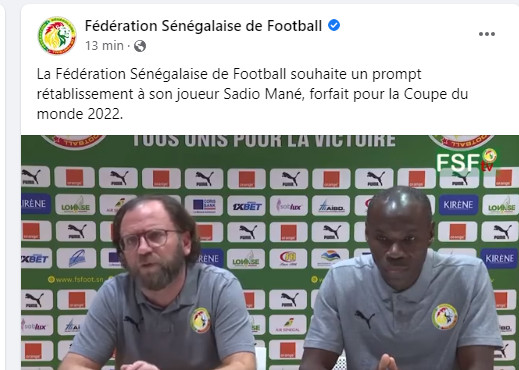 Mondial 2022 : La Fédération sénégalaise officialise l’absence de Sadio Mané Mondial 2022 : La Fédération sénégalaise officialise l’absence de Sadio Mané