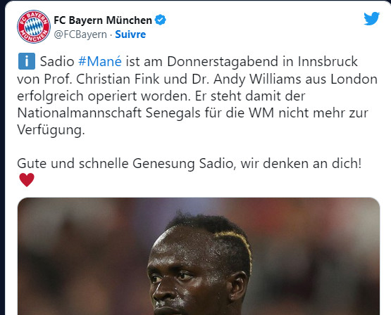 Mondial : Sadio opéré avec succès Mondial : Sadio opéré avec succès