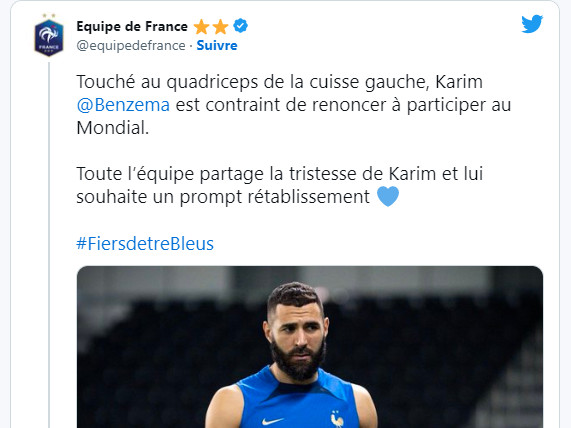 Equipe de France : Blessé, Benzema  ne jouera pas la Coupe du monde 2022 !