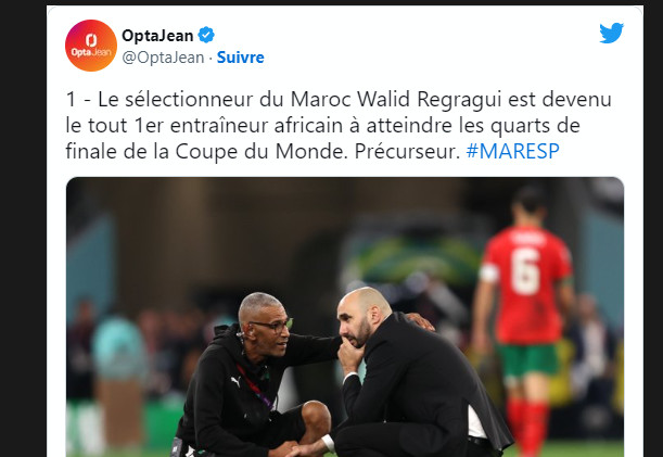Mondial 2022 : Regragui premier sélectionneur africain quart-finaliste d’un Mondial Mondial 2022 : Regragui premier sélectionneur africain quart-finaliste d’un Mondial