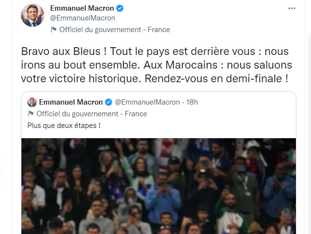 Mondial 2022 / Demi-Finale : France-Maroc, Macron présent Mondial 2022 / Demi-Finale : France-Maroc, Macron présent