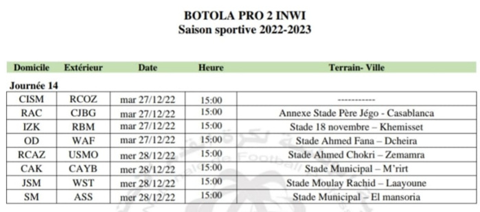 Botola Pro D2 / 14e journée : Reprise de la compétition mardi 27 décembre Botola Pro D2 / 14e journée : Reprise de la compétition mardi 27 décembre