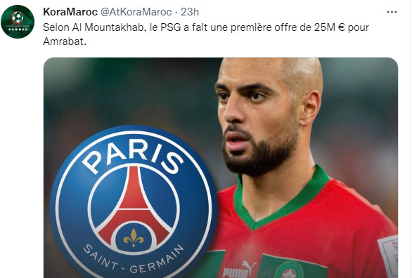 Lu sur twitter : ‘’Le PSG aurait fait une offre de 25 M d’euro pour Amrabet’’ ! Lu sur twitter : ‘’Le PSG aurait fait une offre de 25 M d’euro pour Amrabet’’ !