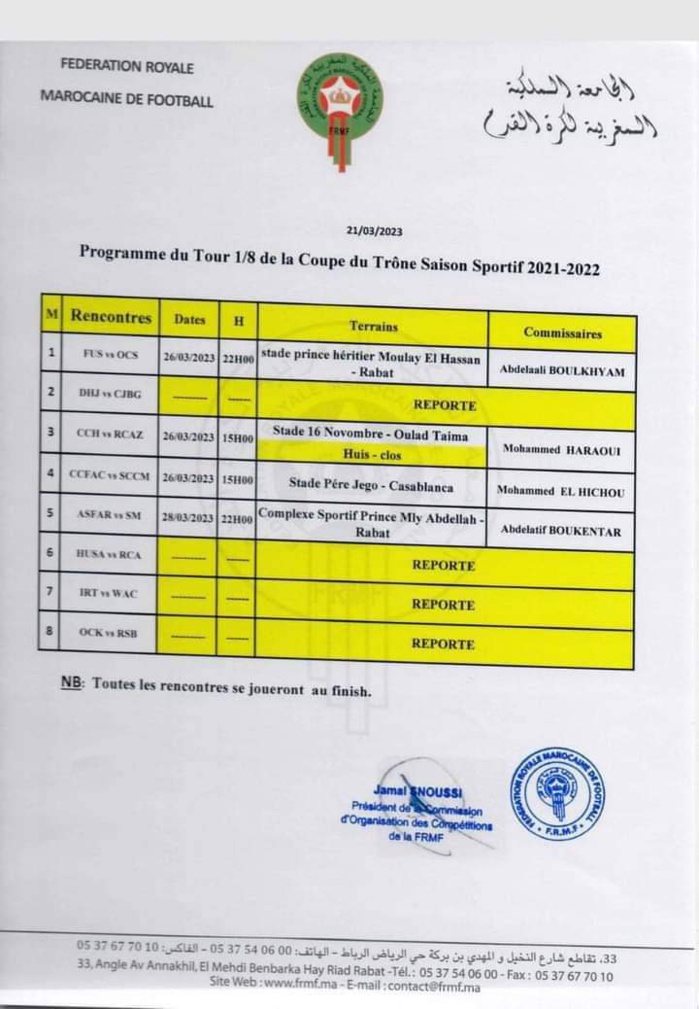 Coupe du Trône /Huitièmes : Quatre matches reportés, quatre programmés Coupe du Trône /Huitièmes : Quatre matches reportés, quatre programmés