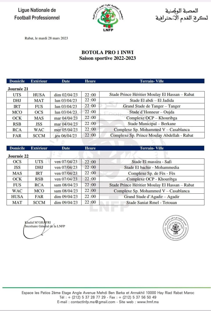 Botola Pro D1/21ème journée: Le derby en nocturne mercredi prochain Botola Pro D1/21ème journée: Le derby en nocturne mercredi prochain