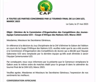 CAN U23 : Le Gabon disqualifié, le Cameroun repêché CAN U23 : Le Gabon disqualifié, le Cameroun repêché