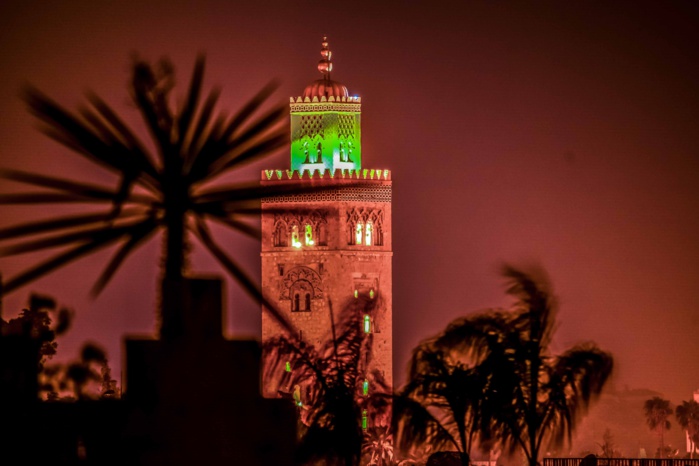 Mohammed Khaïr-Eddine (œuvre digitale de Sigrum Neumann) et La Koutoubia by night.