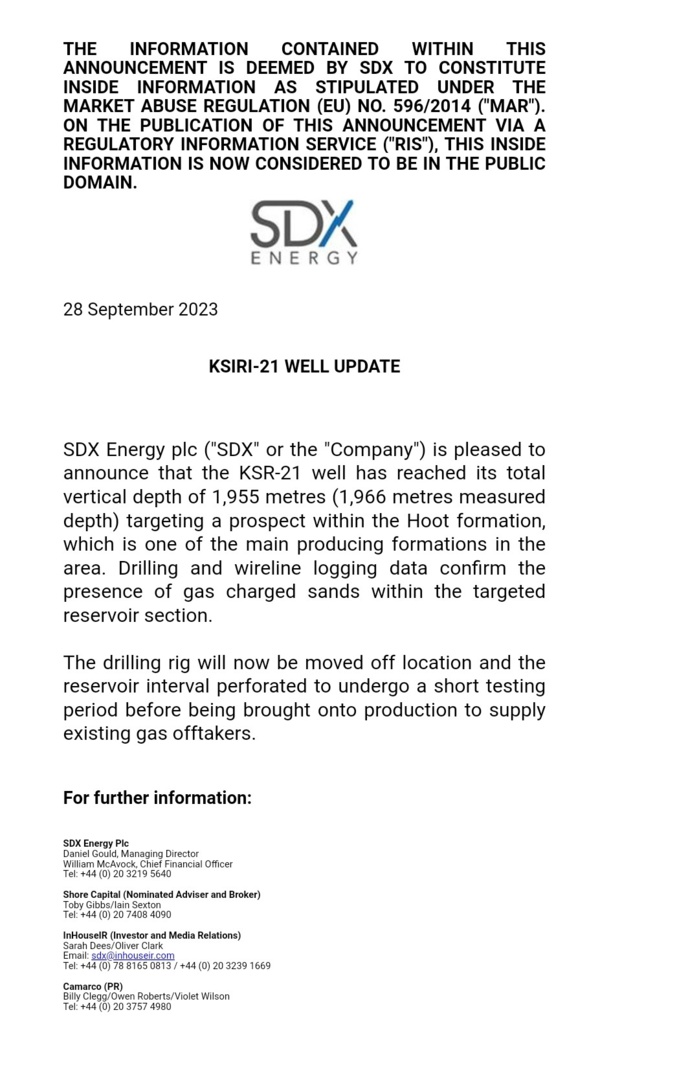 SDX Energy confirme la présence de gaz dans le puits Ksiri-21 à Sebou Central SDX Energy confirme la présence de gaz dans le puits Ksiri-21 à Sebou Central