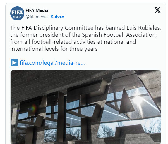 FIFA / Affaire baiser forcé :  Rubiales écope d’une suspension de 3 ans !