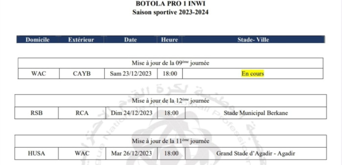 Botola D1- Mise à jour /  Le programme officiel