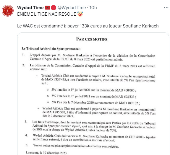 TAS / litige Soufiane Karkach-WAC : Un énième procès perdu par le Wydad TAS / litige Soufiane Karkach-WAC : Un énième procès perdu par le Wydad