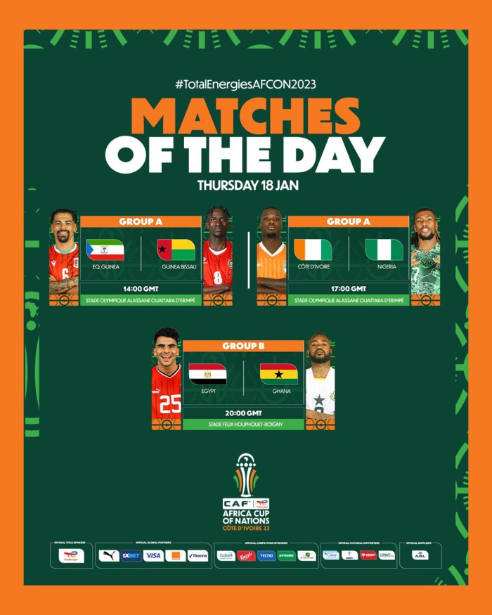 CAN 2023 /Programme du jour : Côte d’Ivoire - Nigeria et Egypte - Ghana, la double affiche de ce jeudi CAN 2023 /Programme du jour : Côte d’Ivoire - Nigeria et Egypte - Ghana, la double affiche de ce jeudi