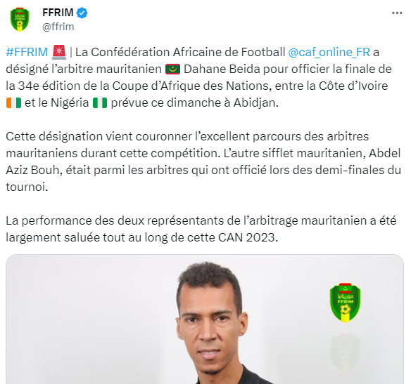 CAN 2023 / L'Arbitre de la finale: Le Mauritanien Dahane Beida CAN 2023 / L'Arbitre de la finale: Le Mauritanien Dahane Beida