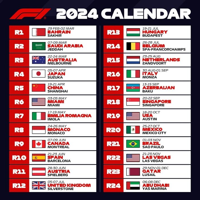 Le programme 2024 de la Formule 1. Le programme 2024 de la Formule 1.