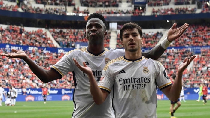 Les deux stars du Real Madrid Vinicius Junior et Brahim Diaz célébrant le but de ce dernier. Les deux stars du Real Madrid Vinicius Junior et Brahim Diaz célébrant le but de ce dernier.