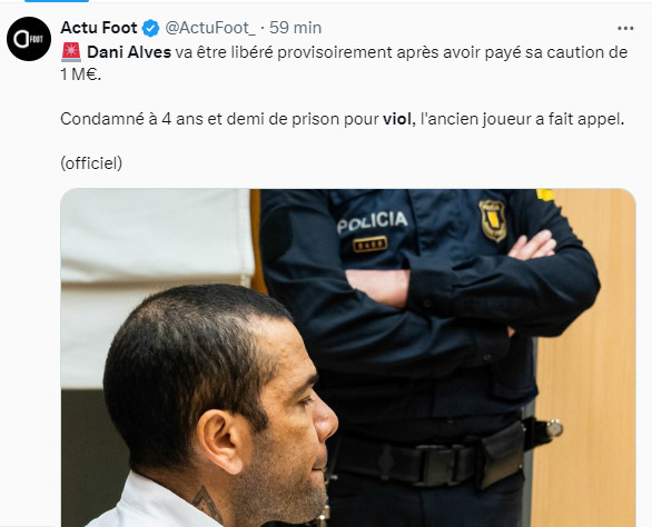 Justice: Dani Alves provisoirement libre dès aujourd'hui Justice: Dani Alves provisoirement libre dès aujourd'hui