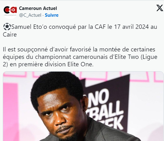 Foot africain / Suspicion d'impartialité:   Eto’o devant la Commission d’Ethique de la CAF ! Foot africain / Suspicion d'impartialité:   Eto’o devant la Commission d’Ethique de la CAF !