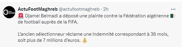 Foot africain / Licenciement abusif :  Belmadi réclame 7 millions d’euros à sa Fédération. Foot africain / Licenciement abusif :  Belmadi réclame 7 millions d’euros à sa Fédération.