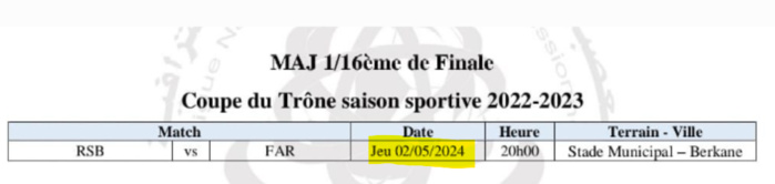 Coupe du Trône / Mise à jour des 16es de la Coupe du Trône: La date du choc RSB-FAR dévoilée Coupe du Trône / Mise à jour des 16es de la Coupe du Trône: La date du choc RSB-FAR dévoilée