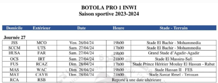 Botola D1/ J27: Sans RCA-RSB reporté Botola D1/ J27: Sans RCA-RSB reporté