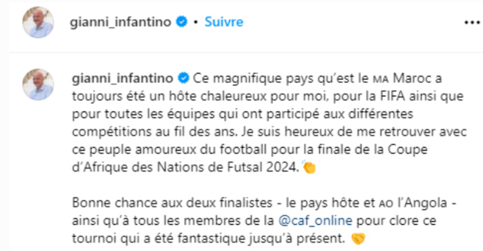 CAN Futsal Maroc 24/Finale Maroc-Angola:  Le Président de la FIFA présent