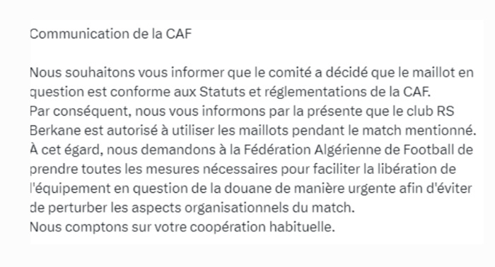 USMA-RSB - Décision finale de la CAF / Urgent : Ordre de restituer illico presto les maillots sinon l’USMA sera disqualifiée !