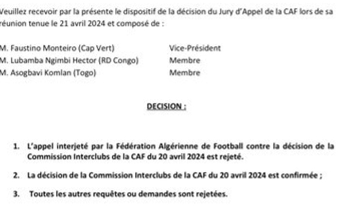 Confiscation des maillots de la RSB: La CAF rejette le recours de la Fédération algérienne de football Confiscation des maillots de la RSB: La CAF rejette le recours de la Fédération algérienne de football