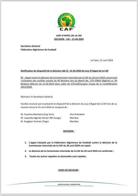 Confiscation des maillots de la RSB:  La CAF rejette le recours de la Fédération algérienne de football