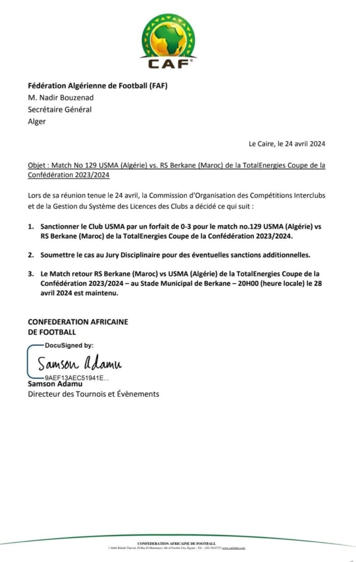 Coupe de la CAF: L'USMA déclarée perdante sur tapis vert contre la RSB Coupe de la CAF: L'USMA déclarée perdante sur tapis vert contre la RSB