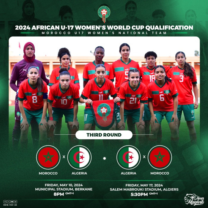 Eliminatoires Mondial féminin U17/ 3e tour : Maroc vs Algérie les10 et 17 mai Eliminatoires Mondial féminin U17/ 3e tour : Maroc vs Algérie les10 et 17 mai