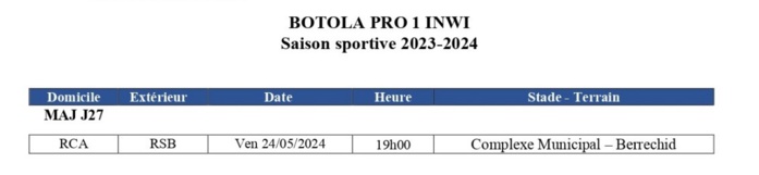 Botola D1/Mise à jour. J27 :  RCA-RSB vendredi prochain à Berrechid Botola D1/Mise à jour. J27 :  RCA-RSB vendredi prochain à Berrechid