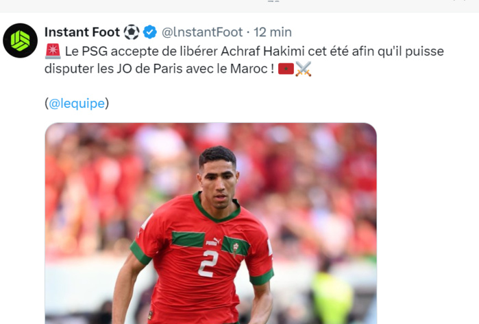 JO Paris/Football : Hakimi avec les U23 JO Paris/Football : Hakimi avec les U23