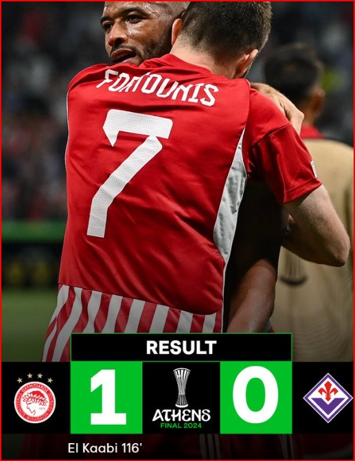 Europa League Conférence: El Kaâbi offre le Trophée à l'Olympiacos ! Europa League Conférence: El Kaâbi offre le Trophée à l'Olympiacos !
