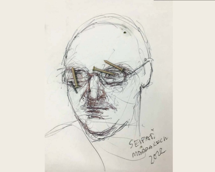 Mohamed « Mo » El Baz croqué en 2022 par Elias Selfati. Les clous sur les yeux sont rajoutés par El Baz. Mohamed « Mo » El Baz croqué en 2022 par Elias Selfati. Les clous sur les yeux sont rajoutés par El Baz.