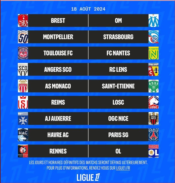 Football français . Ligue 1: Début de la saison pour les 17 et 18 août Football français . Ligue 1: Début de la saison pour les 17 et 18 août