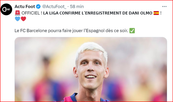 Liga J3: Le Barça alignera ce soir Dani Olmo face à Vallecano Liga J3: Le Barça alignera ce soir Dani Olmo face à Vallecano