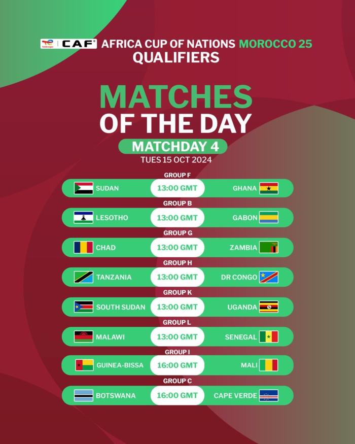 Qualifs CAN Maroc 25. J4: Le programme de ce mardi Qualifs CAN Maroc 25. J4: Le programme de ce mardi