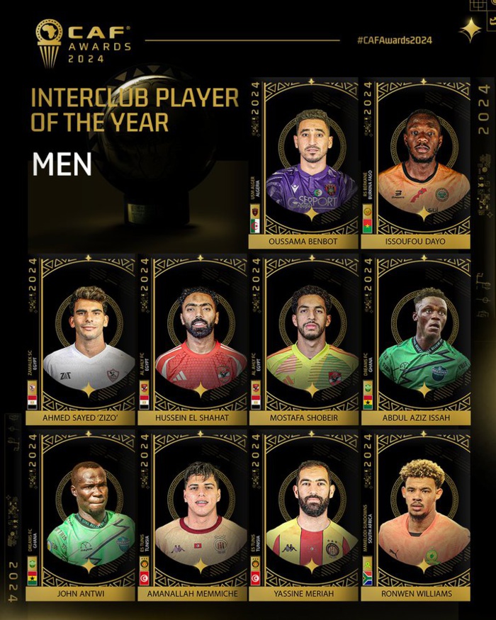 CAF AWARDS 24: El Kajoui, Dayo, Ben Seghir, El Khannous , RSB et l'Équipe Nationale nominés CAF AWARDS 24: El Kajoui, Dayo, Ben Seghir, El Khannous , RSB et l'Équipe Nationale nominés