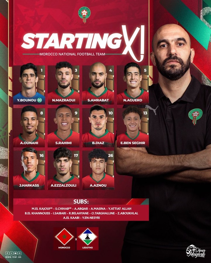 Maroc-Lesotho / Onze de départ : Aznou titulaire , Rahimi en pointe Maroc-Lesotho / Onze de départ : Aznou titulaire , Rahimi en pointe